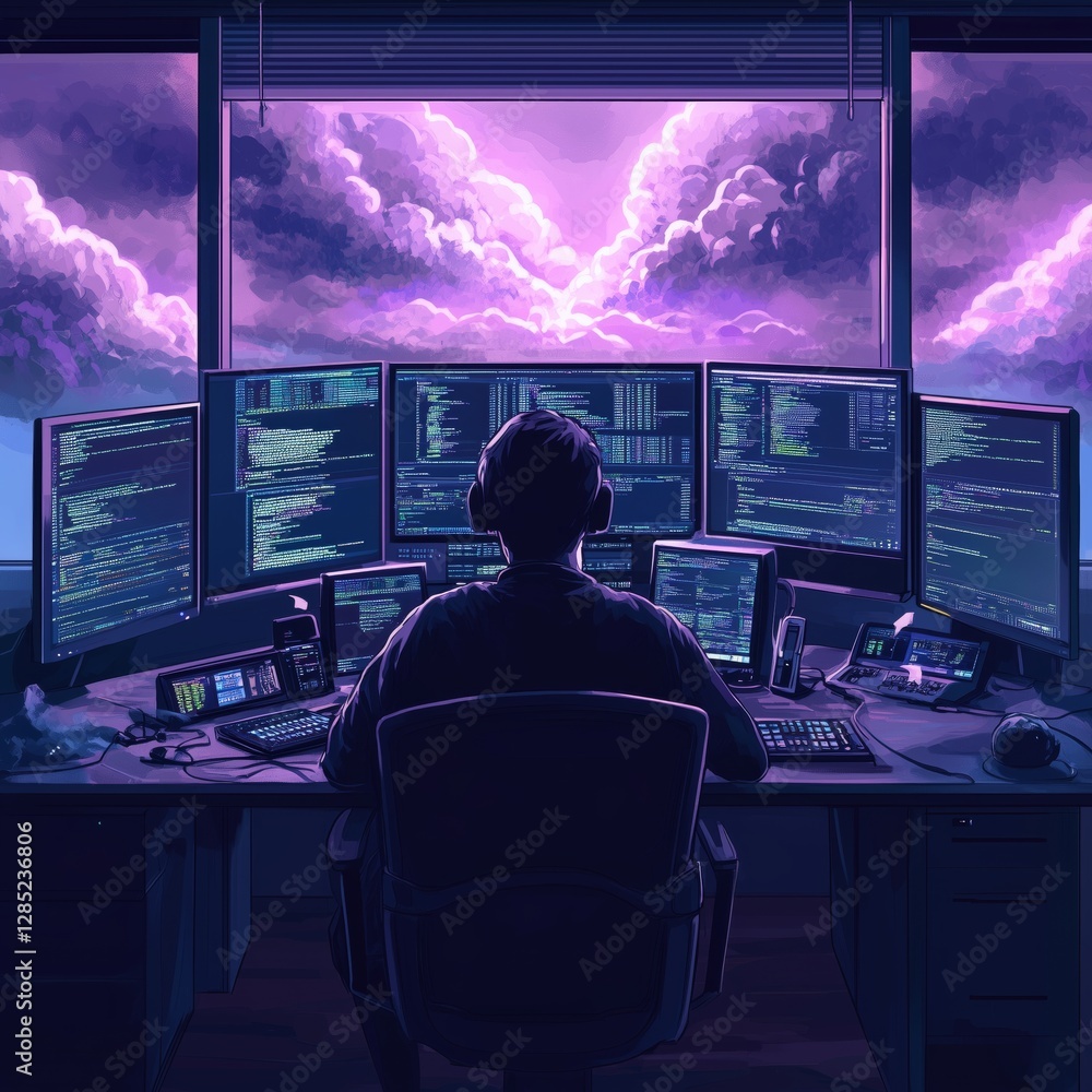 Poster cybersecurity expert monitoring cloud security futuristic tech workspace with vibrant clouds