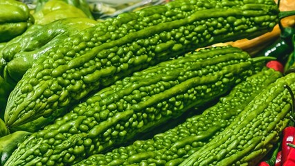 Close-up of fresh, bright green bitter gourds at farmers market display