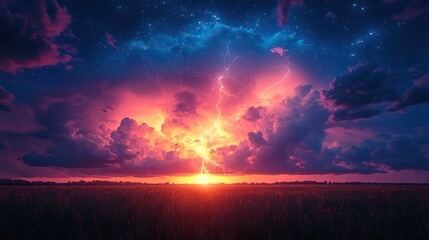 Naklejka premium A dramatic lightning storm rages over a field at sunset, with stars twinkling above.