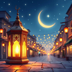 Obraz premium Ramadan Lantern and Crescent Moon in Festive Night Market
