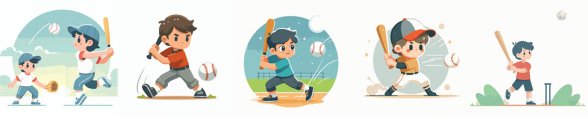 vector collection of boys playing baseball