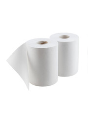 2 rolls of paper towels stand vertically on a white background. Photo. Front view