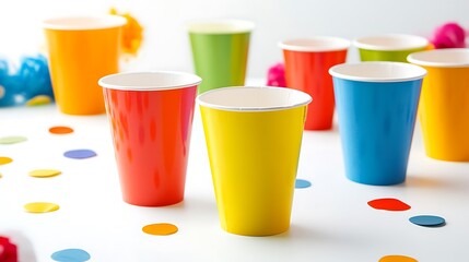 Minimal decorations and party cups on a bright white background illustrating an outdoor party theme 