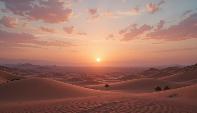 As sun emerges over horizon it illuminates desert landscape creating a picturesque scene with pink and golden hues in sky and a comforting radiance on sandy terrain