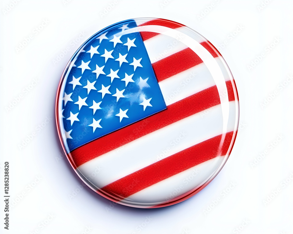 Poster glossy us flag button; patriotic symbol; white background; website button