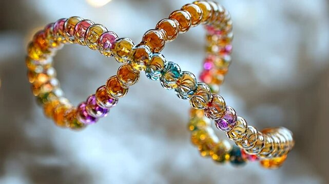 Colorful beaded infinity bracelet displayed on a reflective surface in bright light