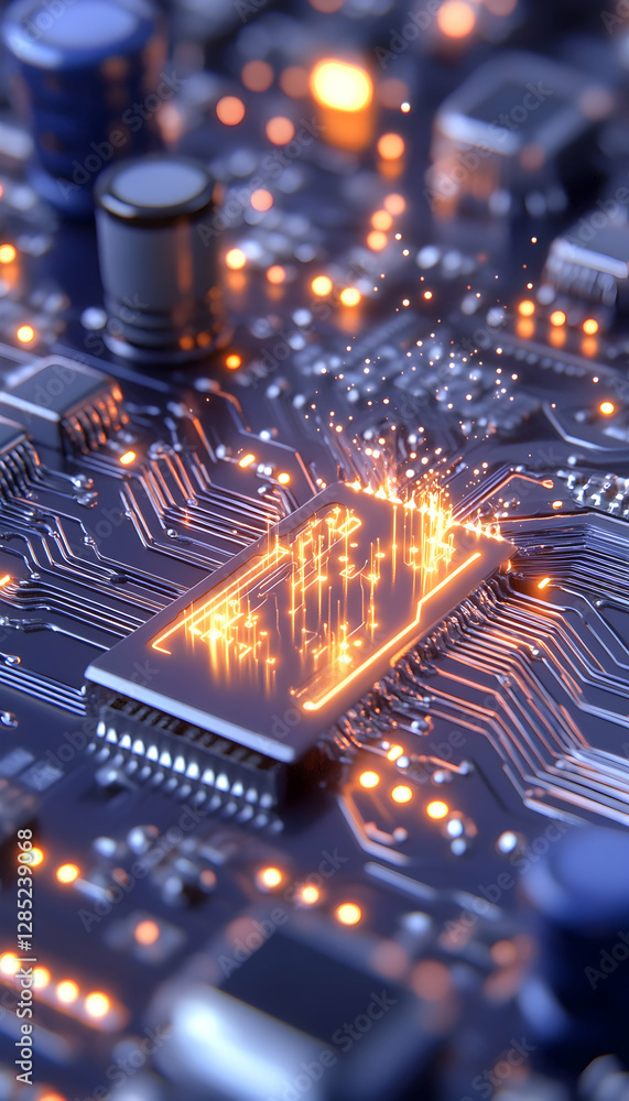 Poster glowing cpu on circuit board, tech background