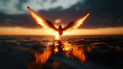 Majestic bird with glowing wings soaring over a tranquil ocean at sunset, reflecting warm colors