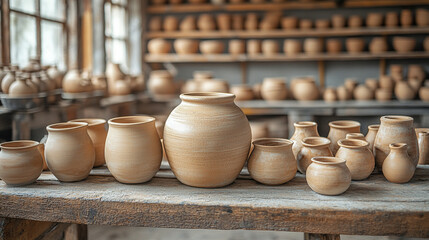 Assorted clay pottery pieces on a workbench in a rustic pottery workshop, showcasing the art of ceramics and modern craftsmanship in a creative, handcrafted environment