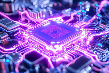 Glowing CPU on circuit board; technology background