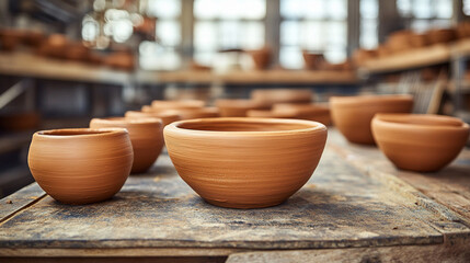 Assorted clay pottery pieces on a workbench in a rustic pottery workshop, showcasing the art of ceramics and modern craftsmanship in a creative, handcrafted environment