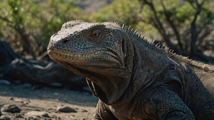 Obraz premium a Komodo dragon in its natural habitat, showcasing its detailed scales and fierce expression, generate AI