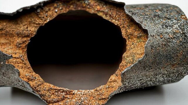 Detailed view of an industrial pipe showcasing corrosion and wear from environmental exposure over time
