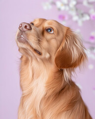 Golden Retriever puppy looking up, lilac background, spring blossoms
