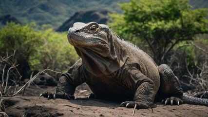 Obraz premium a Komodo dragon in its natural habitat, showcasing its detailed scales and fierce expression, generate AI