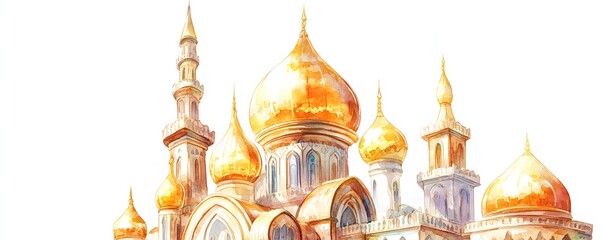 Obraz premium Watercolor painting depicting an ornate golden domed middle eastern structure