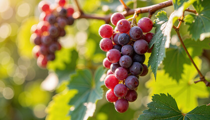 Fototapeta premium Vibrant grapes glistening with dew on the vine, freshness of nature