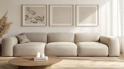 Modern Scandinavian Wall Art Mock-Up – Minimalist White-Framed Posters Above Cozy Beige Sofa in Nordic-Style Living Room