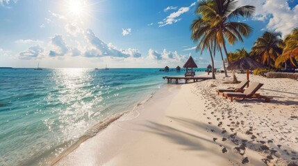 Wonderful beach scenery, palms and sun beds with sea view. Tropical beach landscape as summer vacation and holiday resort template