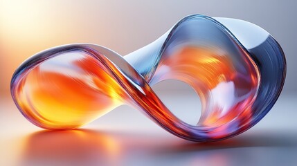 Naklejka premium A dynamic 3D render of an iridescent shape with vibrant colors showcases a smooth, glossy surface that reflects light beautifully. orange and blue hues creates a captivating visual effect.