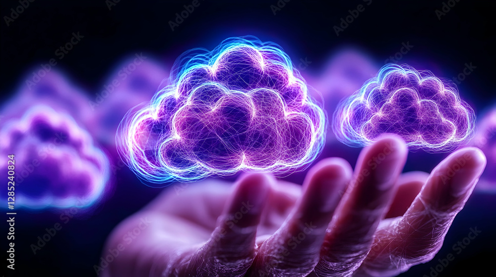 Aufkleber hand holding glowing cloud computing network; dark background; technology concept