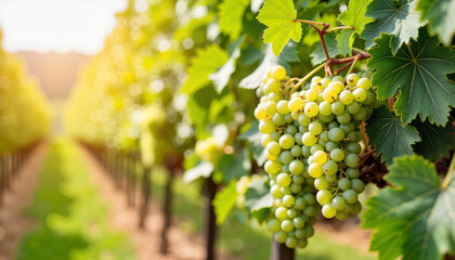 Fototapeta premium Ripening grapes glistening in sunlight, vineyard harvest season