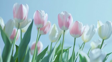 Fototapeta premium Elegant Pink and White Tulips on Soft Blue Background with Natural Light and Copy Space