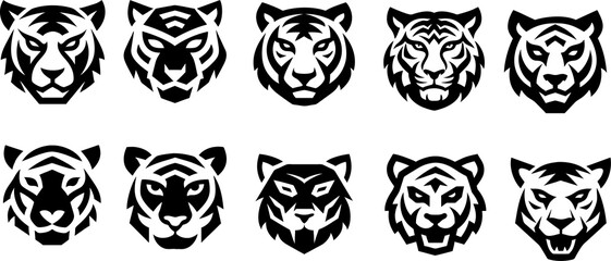 Futuristic cyberpunk tiger icon set with neon colors and tech-inspired aesthetics.