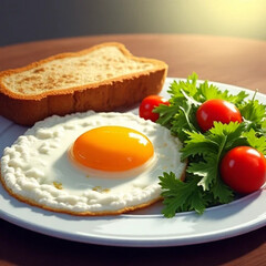 Bread with fried egg and tomato or strawberries salad