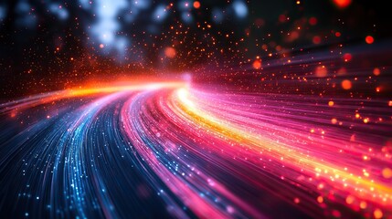 A dynamic image of fiber optic cables emitting vibrant colors and light trails showcases technology and speed in a visually striking manner.