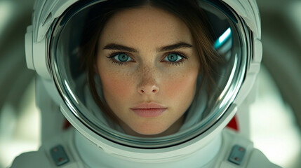 A female astronaut in a sleek uniform stands confidently, exuding professionalism and elegance. The blurred background emphasizes her grace, showcasing a modern and empowered image