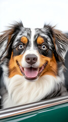 Happy dog car ride, scenic background, pet travel