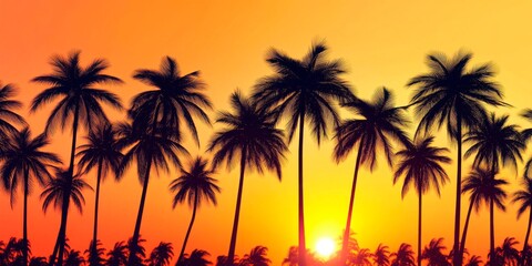 Obraz premium Tropical sunset illuminates a silhouette of palm trees creating a vibrant vacation scene.