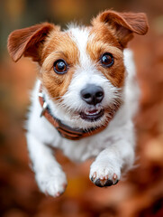 Happy dog jumping, autumn leaves background, pet portrait