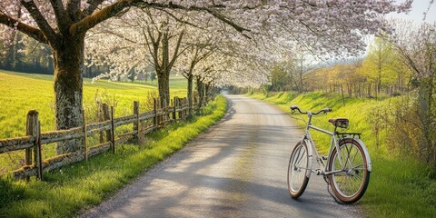 Obraz premium A scenic countryside road lined with blossoming trees and a vintage bicycle leaning against a fence,