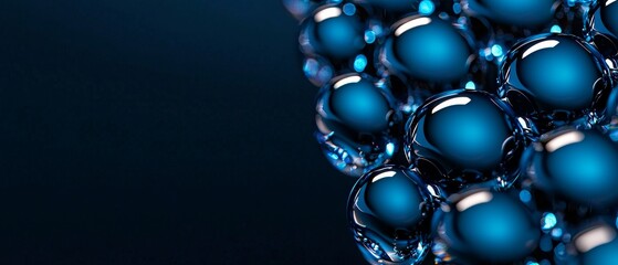 Abstract Spherical Blue Glass Orbs Cluster Glowing with Light and Depth Presentation Backdrop Visualization