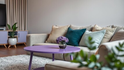 Cozy living room with gray couch, purple pillows, and violet rectangle table, interior design, couch