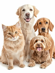 Obraz premium Happy pets group studio shot, white background, adoption