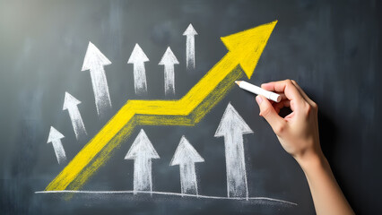 "Yellow arrow leading smaller white arrows on a chalkboard. A hand drawing the design symbolizes leadership, growth, and standing out in a professional and creative style."