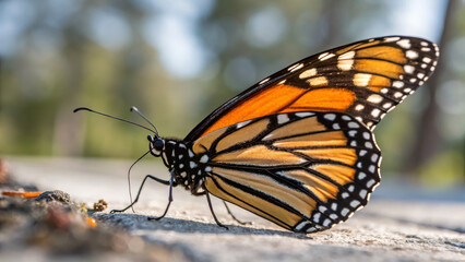 Fototapeta premium vibrant monarch butterfly resting on surface, showcasing its striking orange and black wings