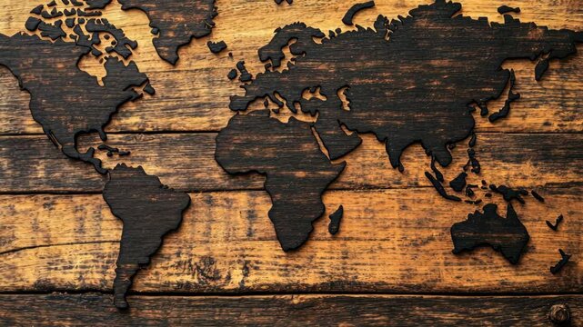 Wooden world map art display on rustic background highlighting continents and countries