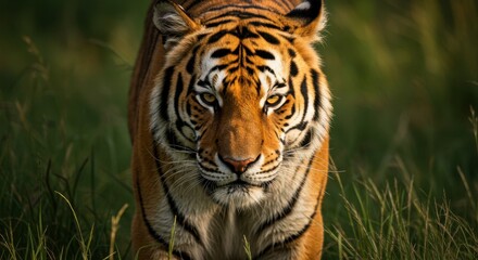 Fototapeta premium Tiger Walking Through Grassland Looking at the Camera Wild and Alert