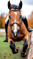 Obraz premium Horse jumping fence, autumn field, equestrian sport