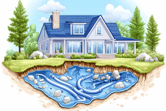 Home drainage system, pipes under house, landscaping, cutaway view, tutorial