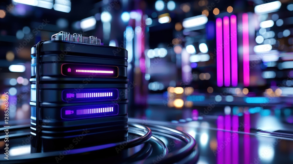 Poster futuristic server in a neon-lit data center with colorful lights and reflections