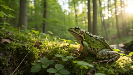 Frog in Forest: Captivating image showcasing a vibrant green frog, basking in the sunlit forest, perched gracefully on a moss-covered log.