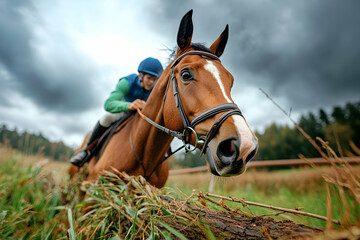 Obraz premium Jockey leaps horse over log, autumn field