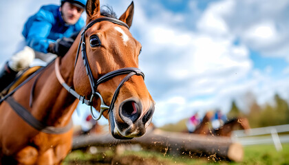 Jockey jumps horse over log, racecourse background, sports action