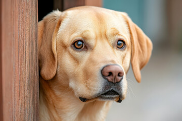 Labrador peeking from wooden structure, outdoors. Pet portrait for websites
