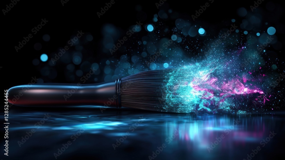 Wall mural a vibrant paintbrush releasing colorful splashes of paint against a dark backdrop, creating a dynami